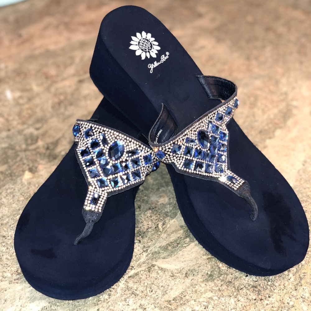 BN Yellow Box Crystal Embellished Wedge Flip Flops